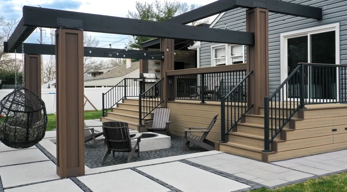 Modern deck with dark pergola providing year-round outdoor living space in Hacienda Heights, CA